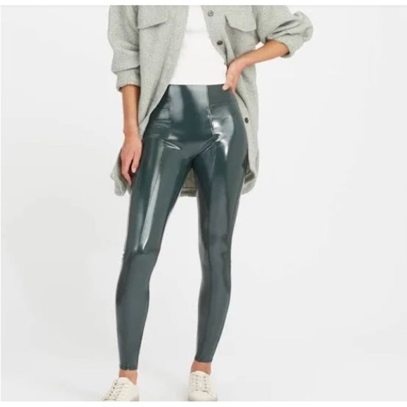 Spanx Faux Leather Leggings High Waisted Shiny Green‎ XS/TP - Picture 1 of 11